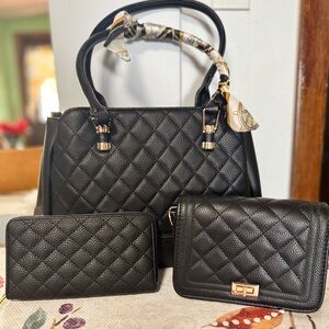 Chic Black Quilted Satchel Set